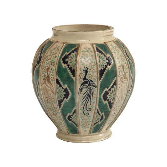 German Art Deco Glazed Green and Natural Pottery Vase with Hand Painted Birds