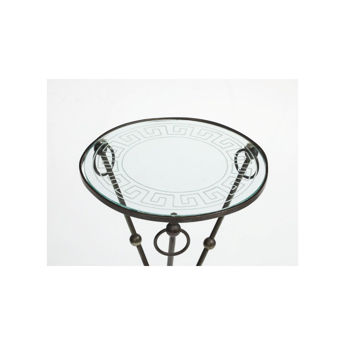 Iron Gueridon Table with Glass Top Etched with Greek Key Motif, c. 1930