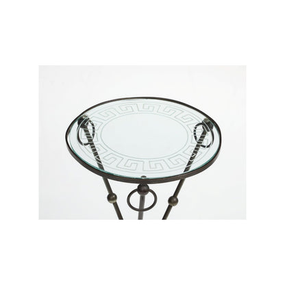 Iron Gueridon Table with Glass Top Etched with Greek Key Motif, c. 1930