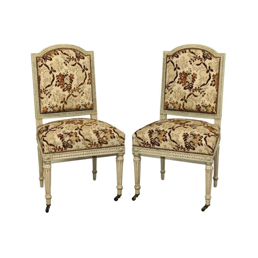 Pair of French Louis XVI Style Painted Side Chairs on Fluted Legs