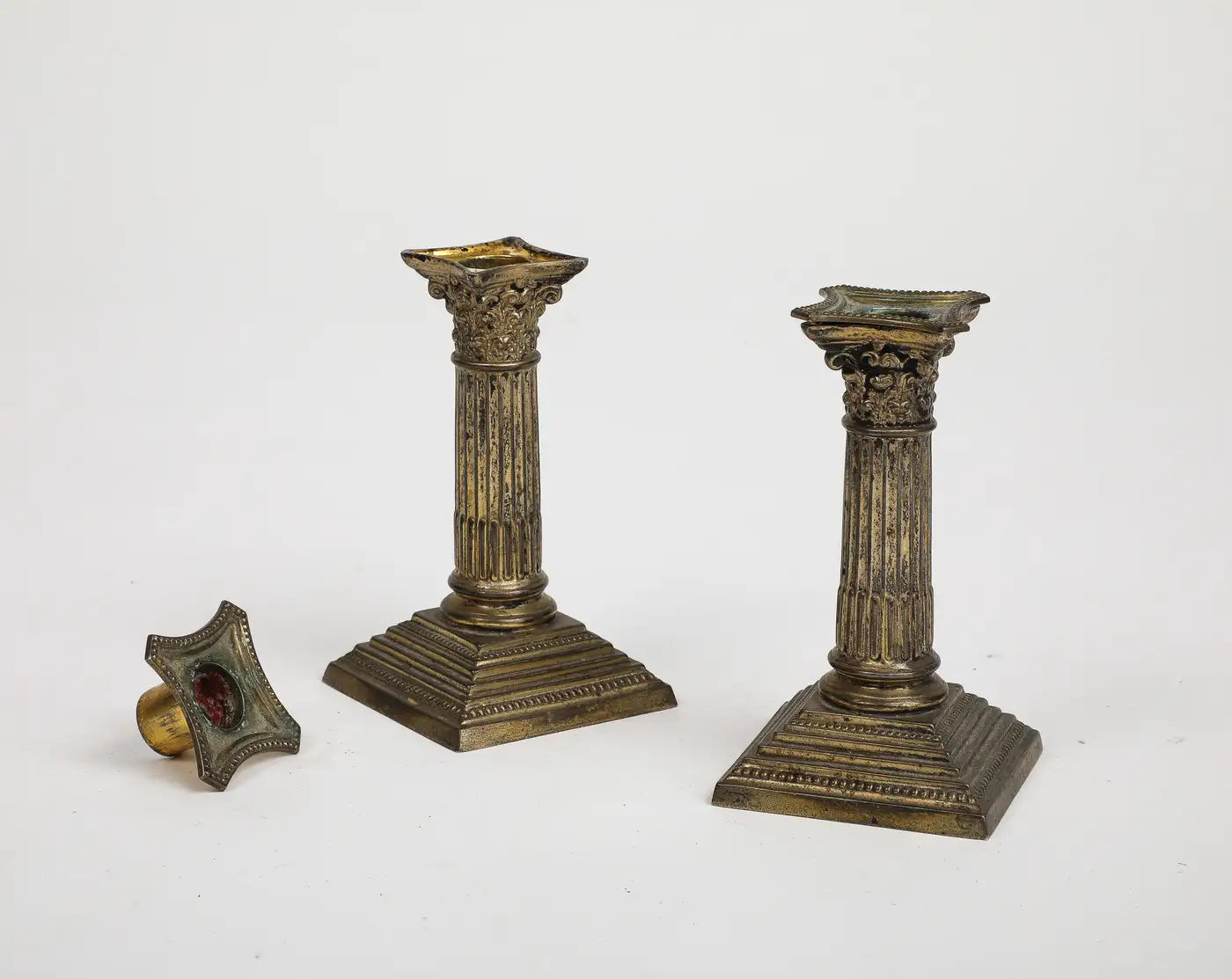 Pair of Midcentury Stone and Brass Column Candlesticks, circa 1950