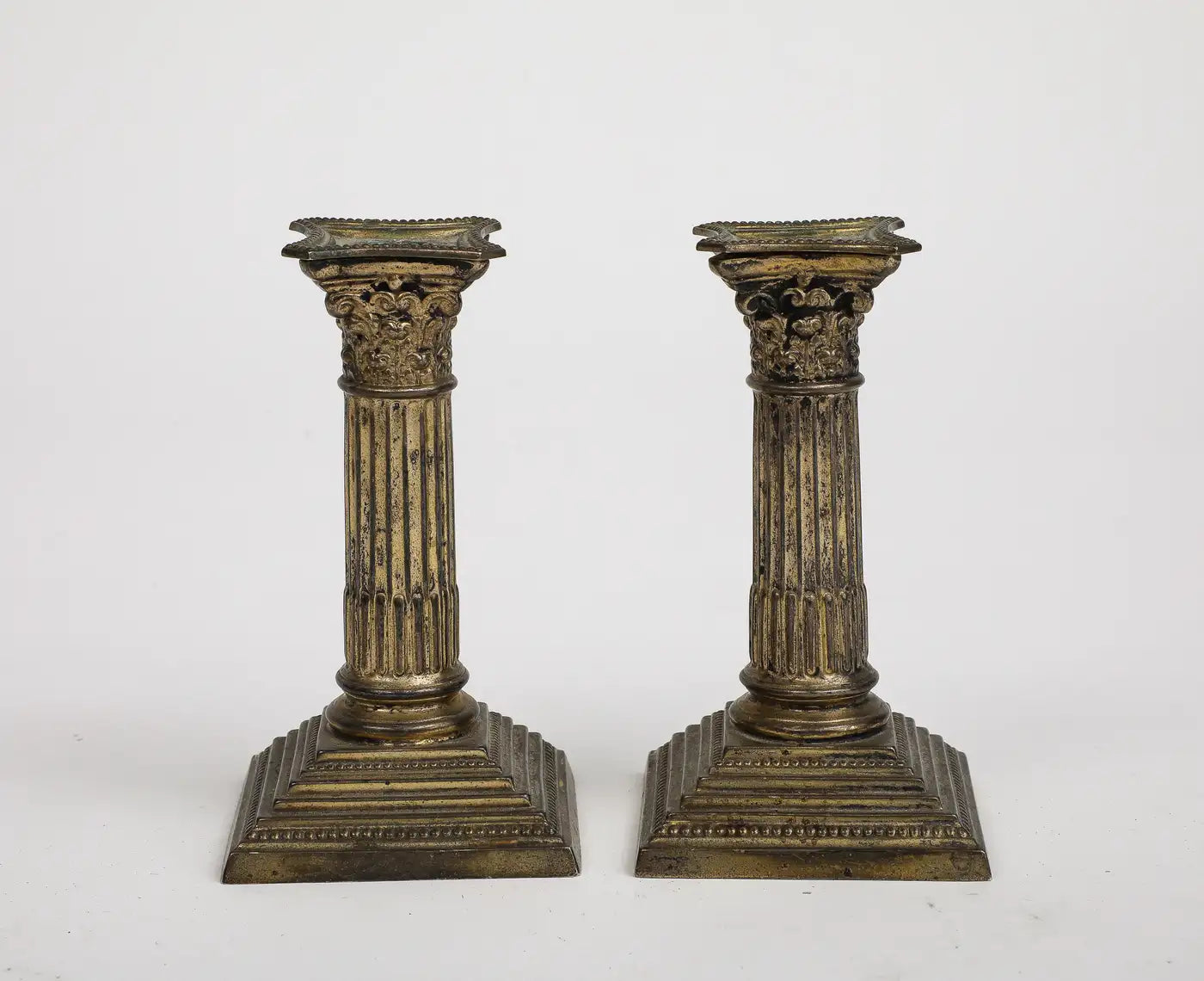 Pair of Midcentury Stone and Brass Column Candlesticks, circa 1950