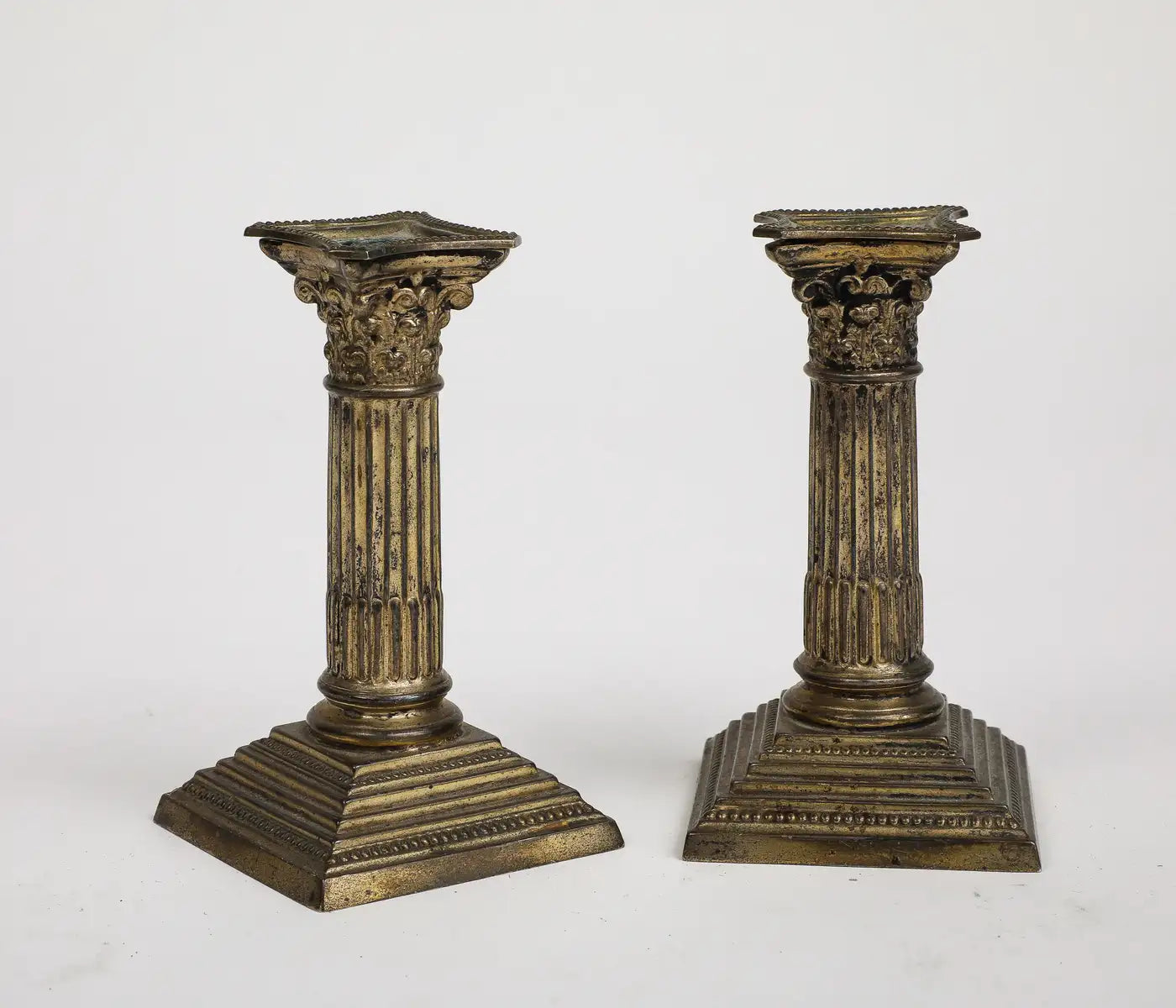 Pair of Midcentury Stone and Brass Column Candlesticks, circa 1950