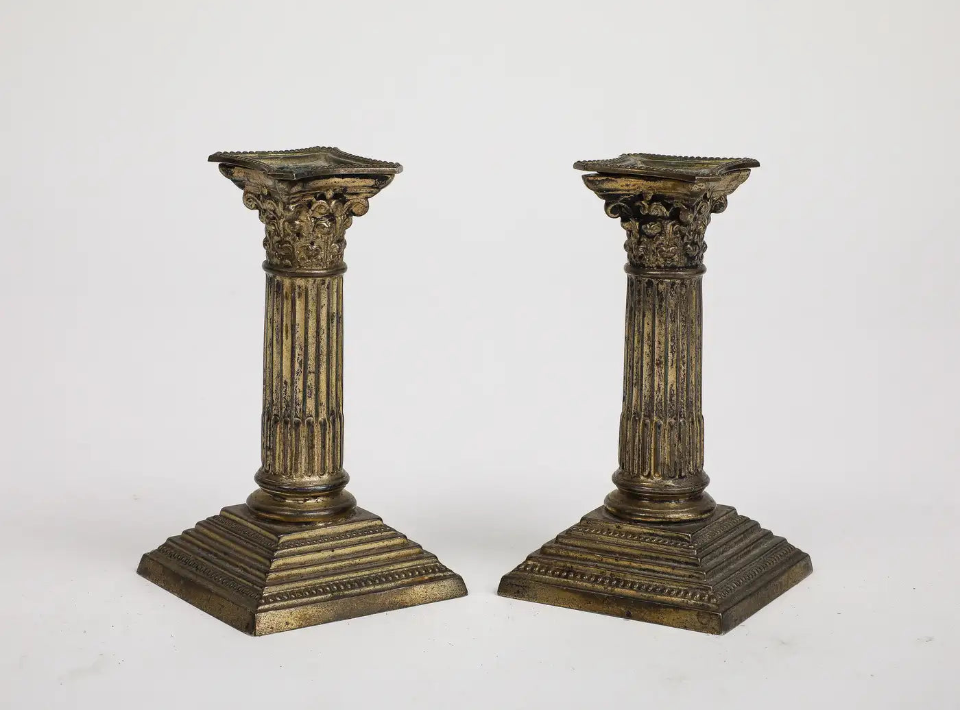 Pair of Midcentury Stone and Brass Column Candlesticks, circa 1950