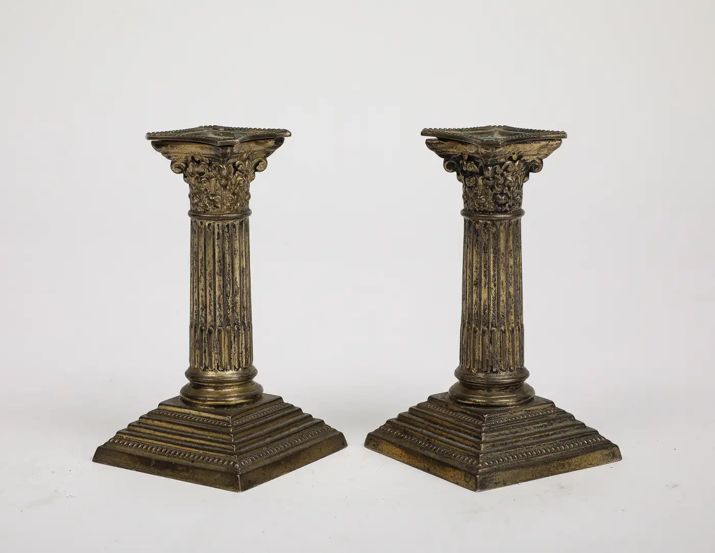 Pair of Midcentury Stone and Brass Column Candlesticks, circa 1950