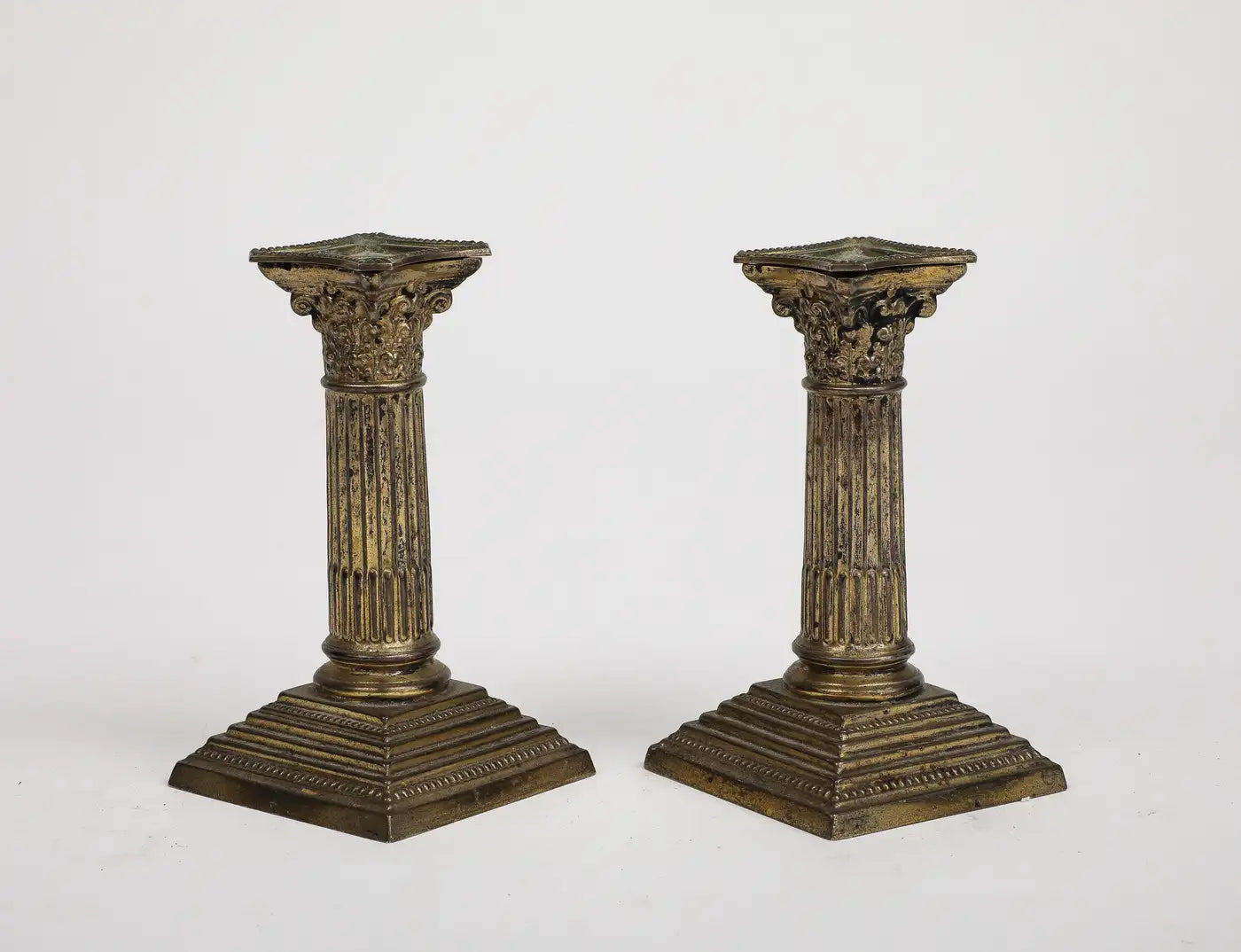 Pair of Midcentury Stone and Brass Column Candlesticks, circa 1950