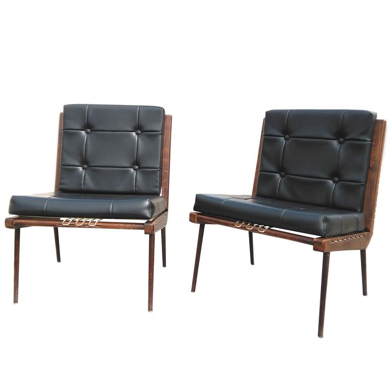 Midcentury French Pair of Teak and Moleskin Lounge Chairs by Georges Tigien