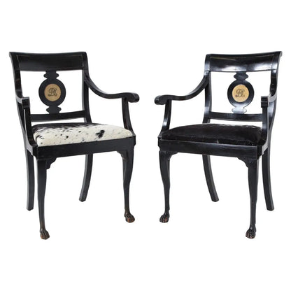 Pair of Ebonized English Regency Armchairs with Pony Seats and Monogram