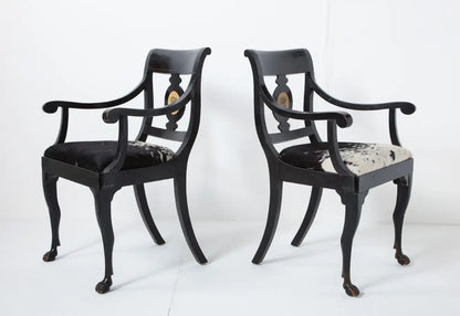 Pair of Ebonized English Regency Armchairs with Pony Seats and Monogram