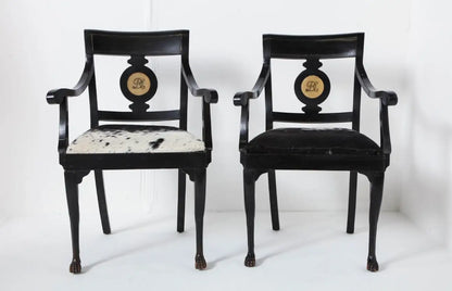 Pair of Ebonized English Regency Armchairs with Pony Seats and Monogram