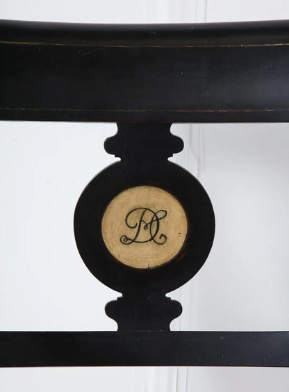 Pair of Ebonized English Regency Armchairs with Pony Seats and Monogram