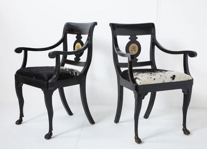 Pair of Ebonized English Regency Armchairs with Pony Seats and Monogram