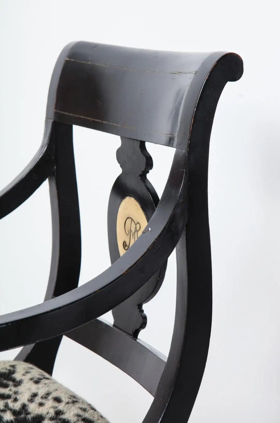 Pair of Ebonized English Regency Armchairs with Pony Seats and Monogram