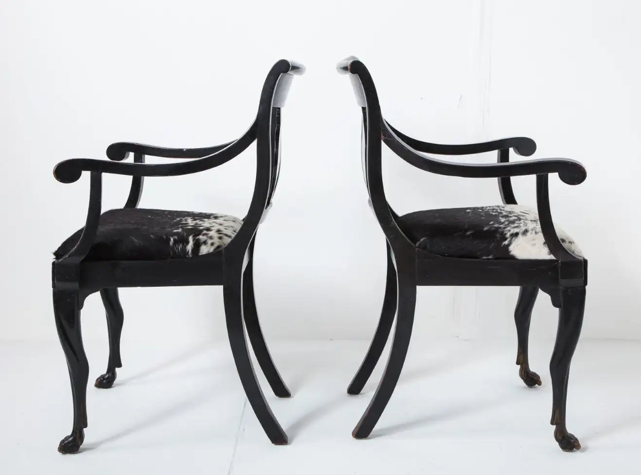 Pair of Ebonized English Regency Armchairs with Pony Seats and Monogram