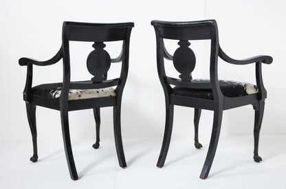 Pair of Ebonized English Regency Armchairs with Pony Seats and Monogram