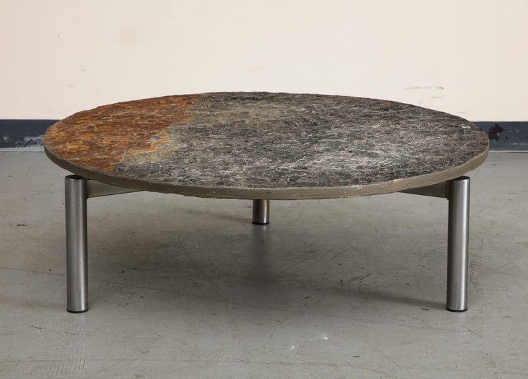 French Midcentury Chromed Steel Coffee Table with Round Natural Slate Top