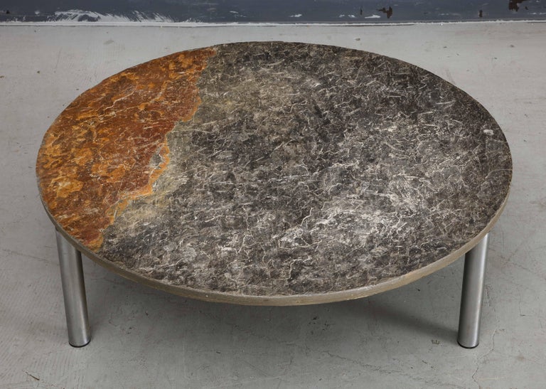 French Midcentury Chromed Steel Coffee Table with Round Natural Slate Top