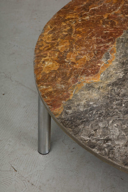 French Midcentury Chromed Steel Coffee Table with Round Natural Slate Top