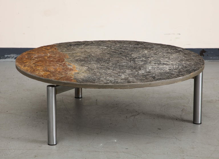 French Midcentury Chromed Steel Coffee Table with Round Natural Slate Top