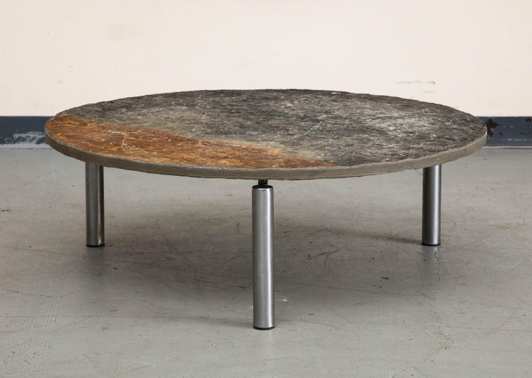 French Midcentury Chromed Steel Coffee Table with Round Natural Slate Top
