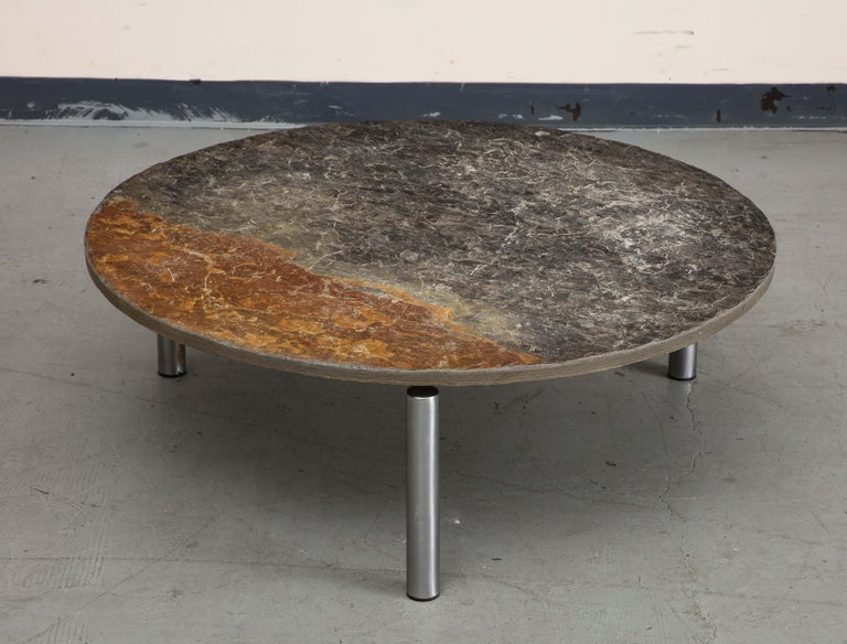 French Midcentury Chromed Steel Coffee Table with Round Natural Slate Top