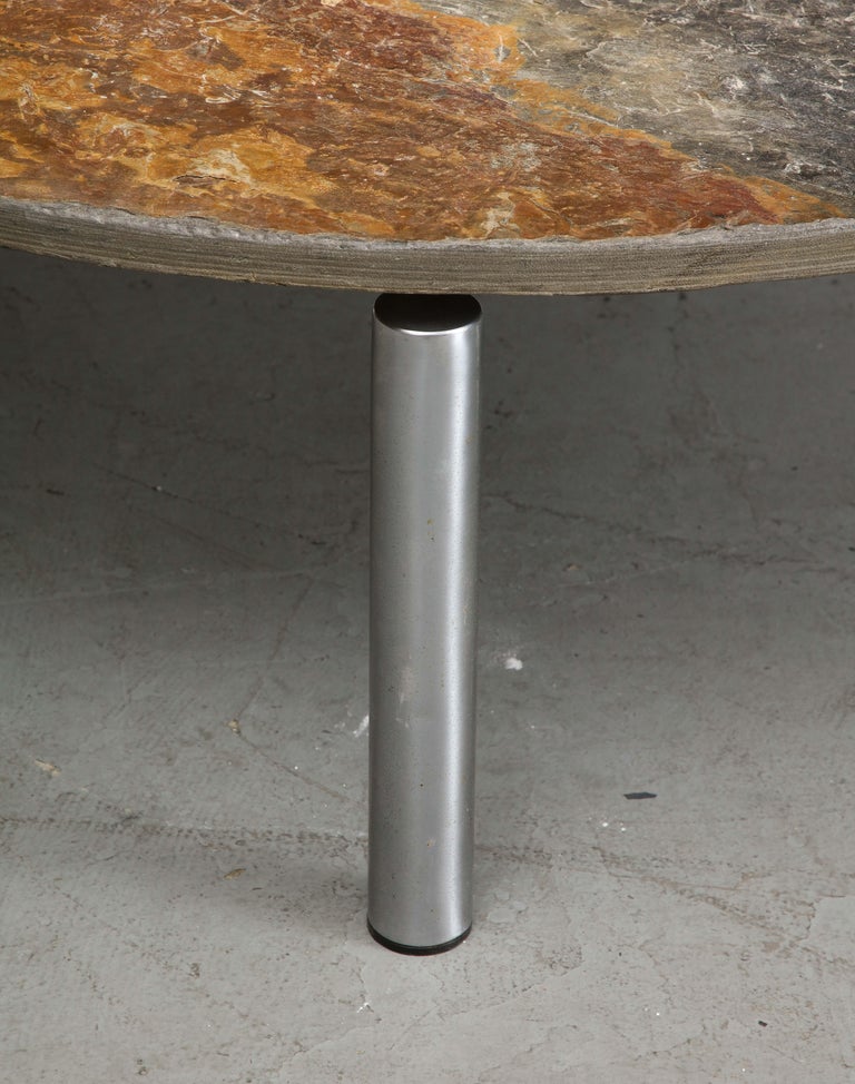 French Midcentury Chromed Steel Coffee Table with Round Natural Slate Top