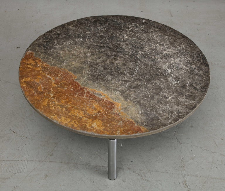 French Midcentury Chromed Steel Coffee Table with Round Natural Slate Top