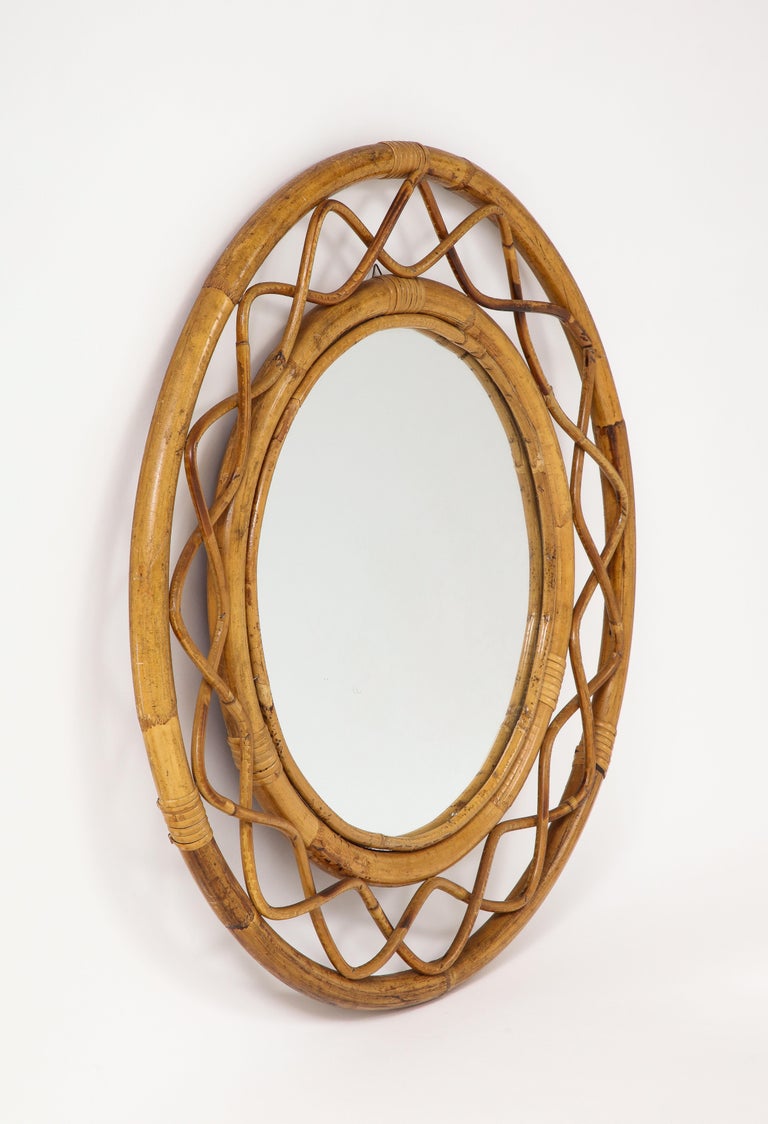 Midcentury French Braided Rattan and Bamboo Round Wall Mirror