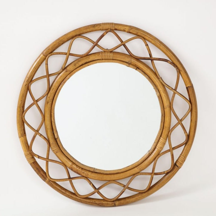 Midcentury French Braided Rattan and Bamboo Round Wall Mirror