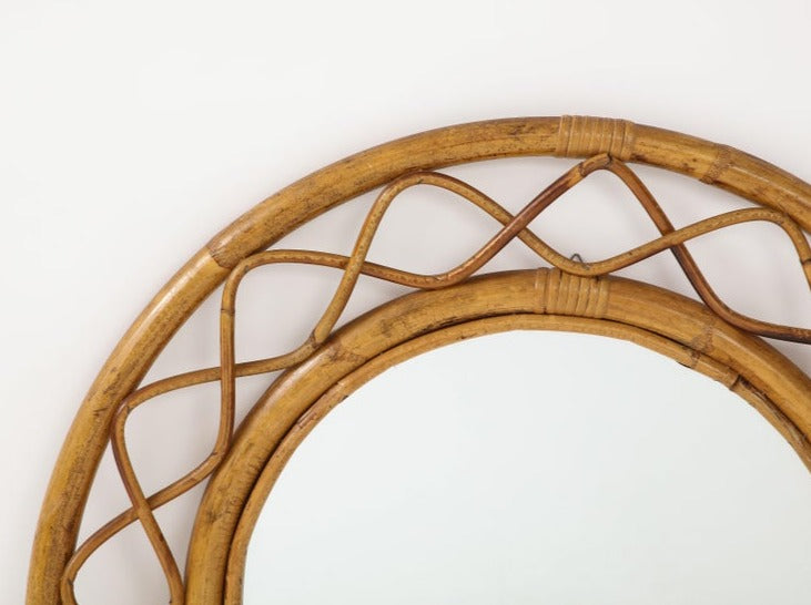 Midcentury French Braided Rattan and Bamboo Round Wall Mirror