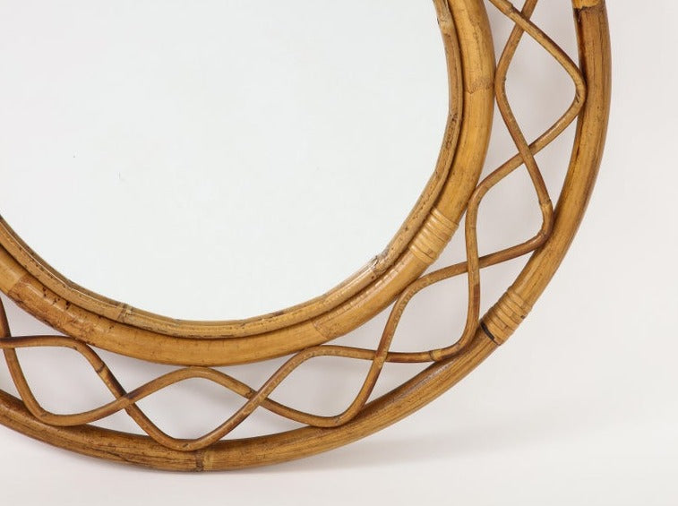 Midcentury French Braided Rattan and Bamboo Round Wall Mirror