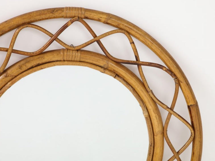 Midcentury French Braided Rattan and Bamboo Round Wall Mirror