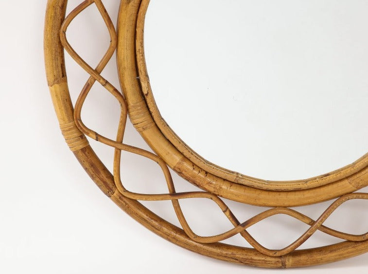 Midcentury French Braided Rattan and Bamboo Round Wall Mirror