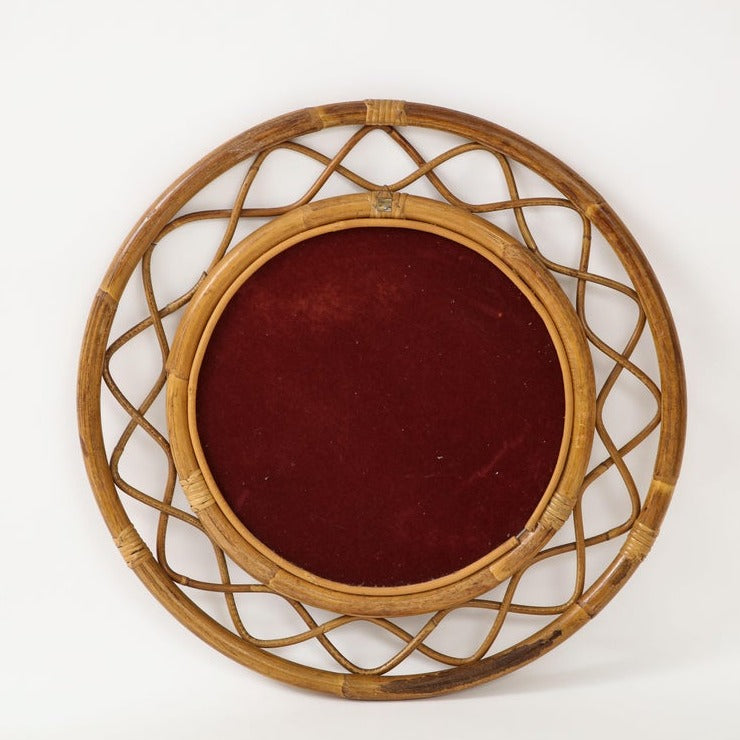 Midcentury French Braided Rattan and Bamboo Round Wall Mirror