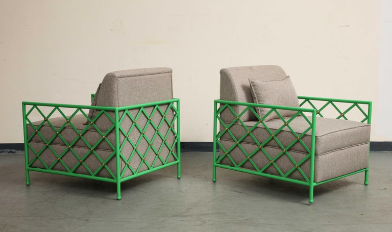 Pair of Jean Royere Style Vintage Bright Green Enameled Iron Cube Lounge Chairs