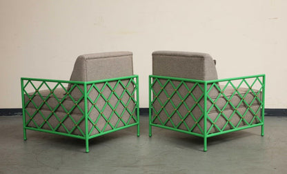 Pair of Jean Royere Style Vintage Bright Green Enameled Iron Cube Lounge Chairs
