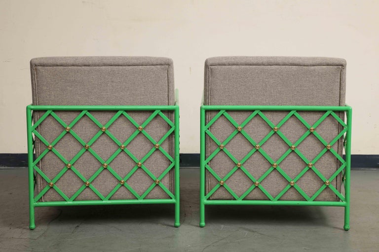 Pair of Jean Royere Style Vintage Bright Green Enameled Iron Cube Lounge Chairs