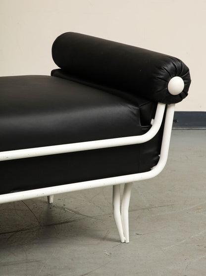 French 1960s Rene Prou Style White Painted Iron & Black Leather Daybed