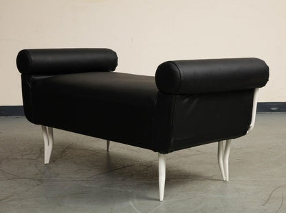 French 1960s Rene Prou Style White Painted Iron & Black Leather Daybed