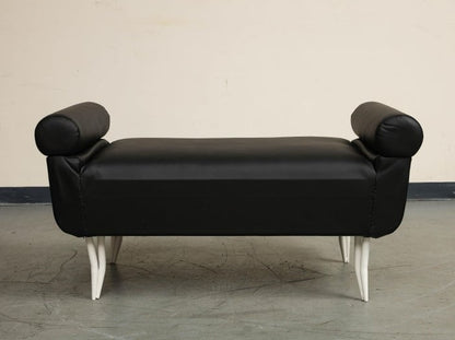 French 1960s Rene Prou Style White Painted Iron & Black Leather Daybed