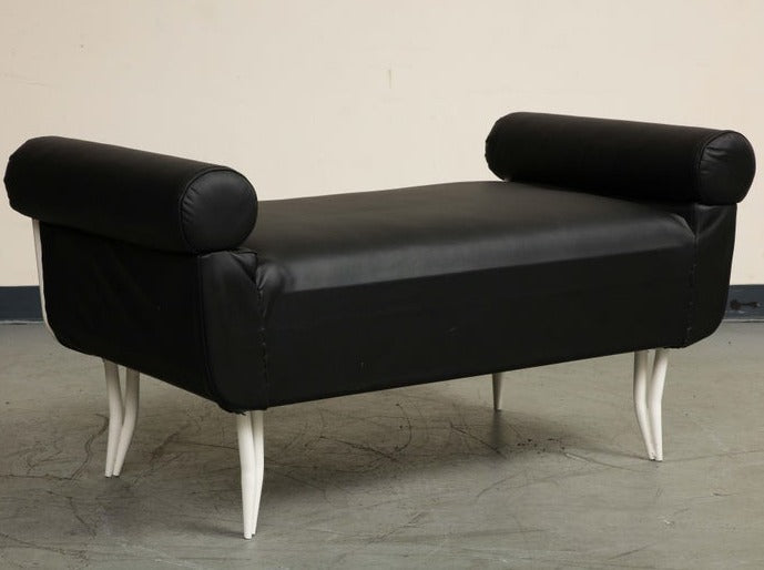 French 1960s Rene Prou Style White Painted Iron & Black Leather Daybed