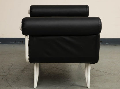 French 1960s Rene Prou Style White Painted Iron & Black Leather Daybed