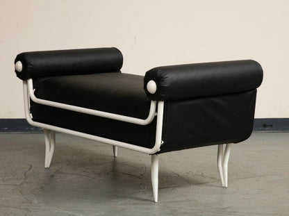 French 1960s Rene Prou Style White Painted Iron & Black Leather Daybed