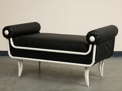 French 1960s Rene Prou Style White Painted Iron & Black Leather Daybed