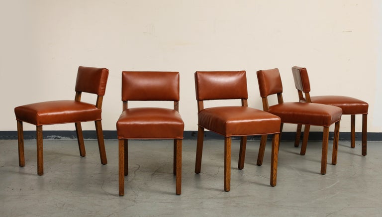 Mid-Century French Oak and Brown Leather Side Chairs, Set of 5