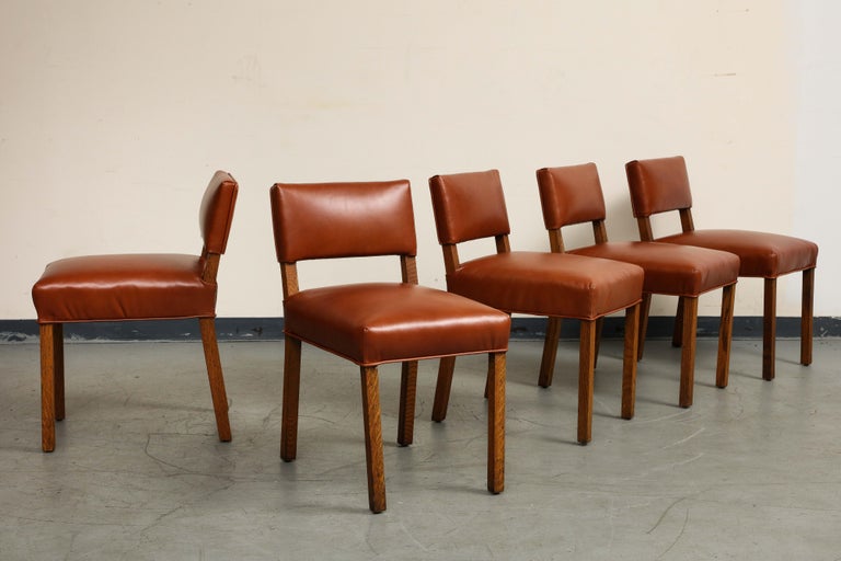 Mid-Century French Oak and Brown Leather Side Chairs, Set of 5