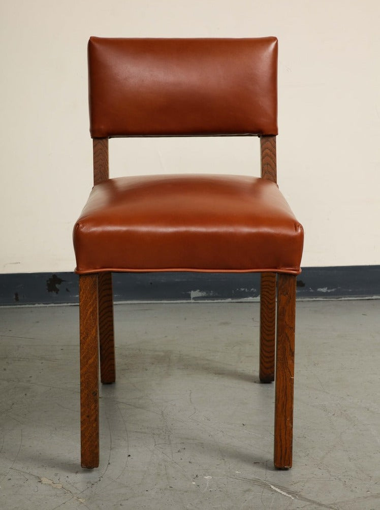 Mid-Century French Oak and Brown Leather Side Chairs, Set of 5