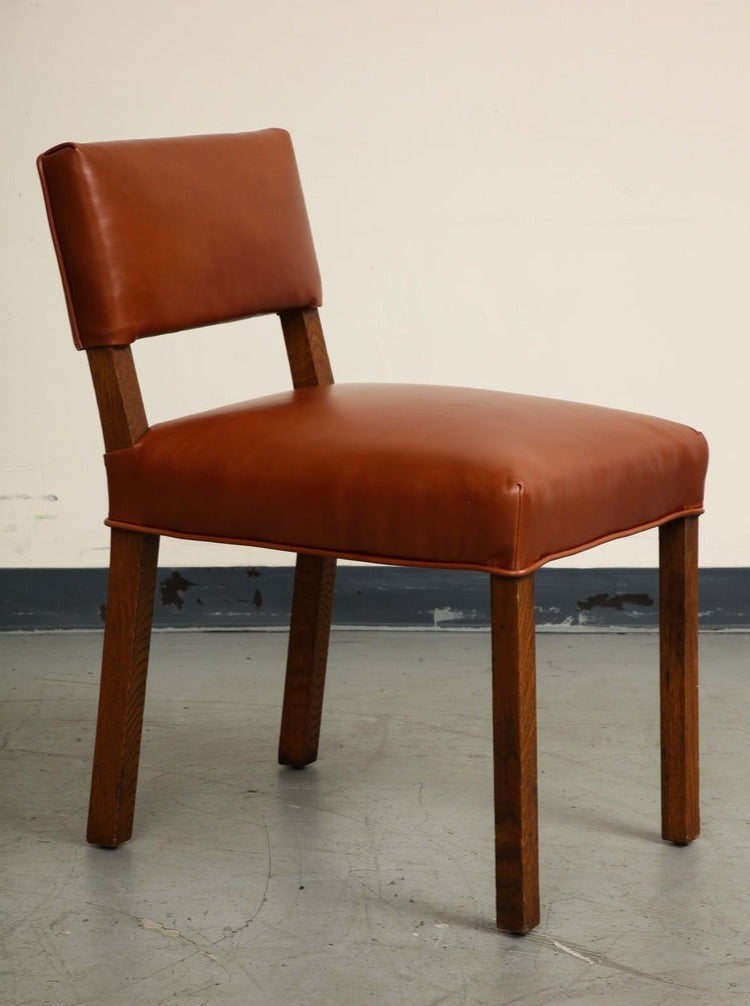 Mid-Century French Oak and Brown Leather Side Chairs, Set of 5