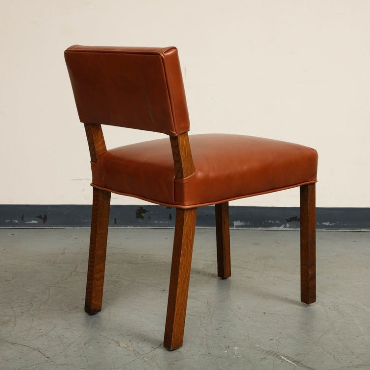 Mid-Century French Oak and Brown Leather Side Chairs, Set of 5