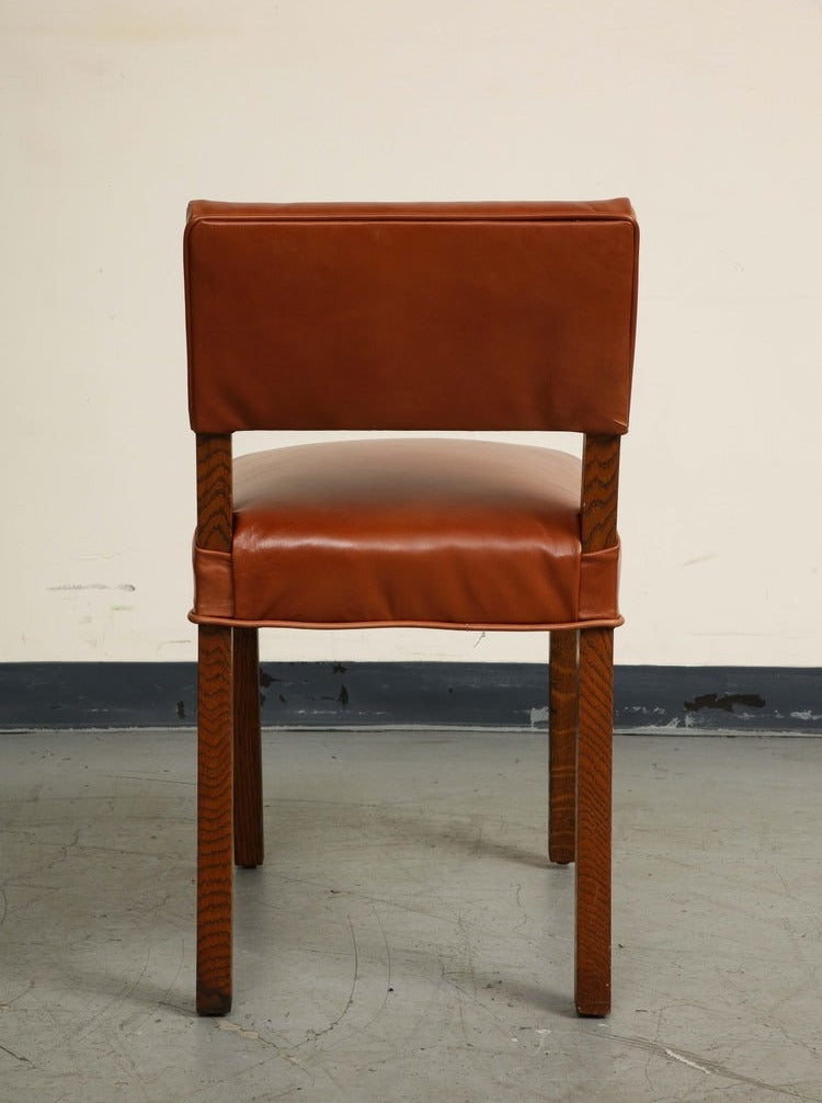 Mid-Century French Oak and Brown Leather Side Chairs, Set of 5